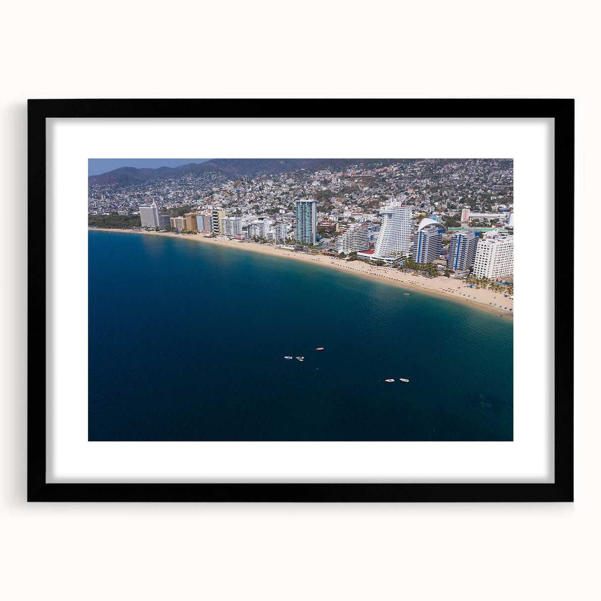 Extra large, colorful abstract art print of Acapulco scenery on textured canvas, framed in black.