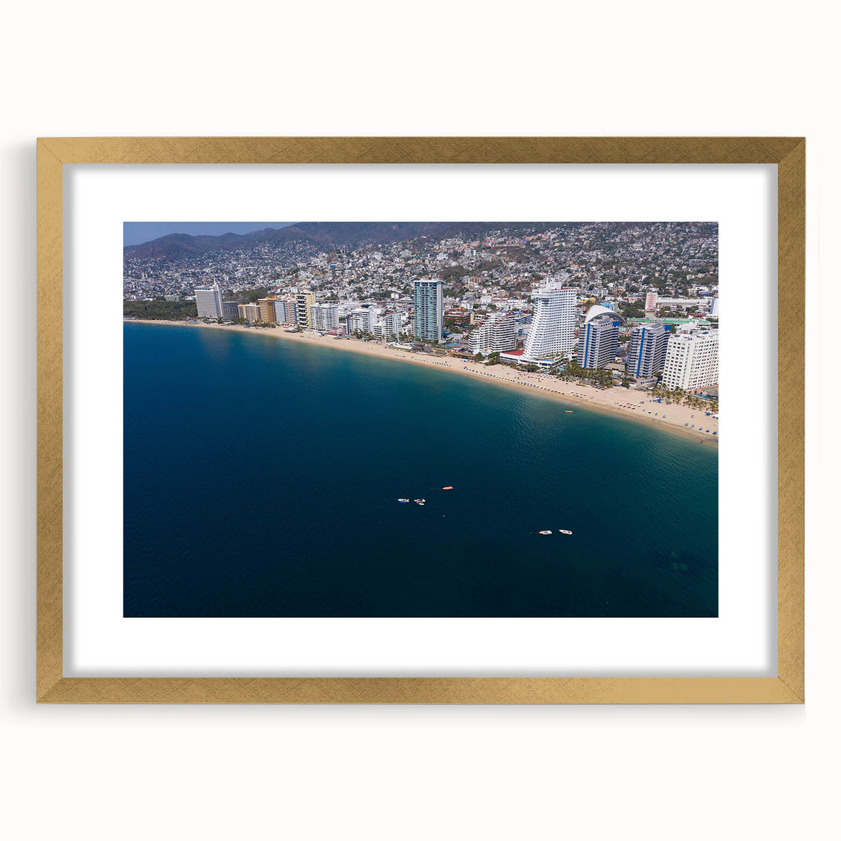 Extra large abstract art print of Acapulco scenery in gold frame, featuring textured brush strokes in vibrant colors.