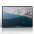 Large abstract wall art depicting a vibrant Acapulco scenery in mid-century modernist style, framed in black acrylic.