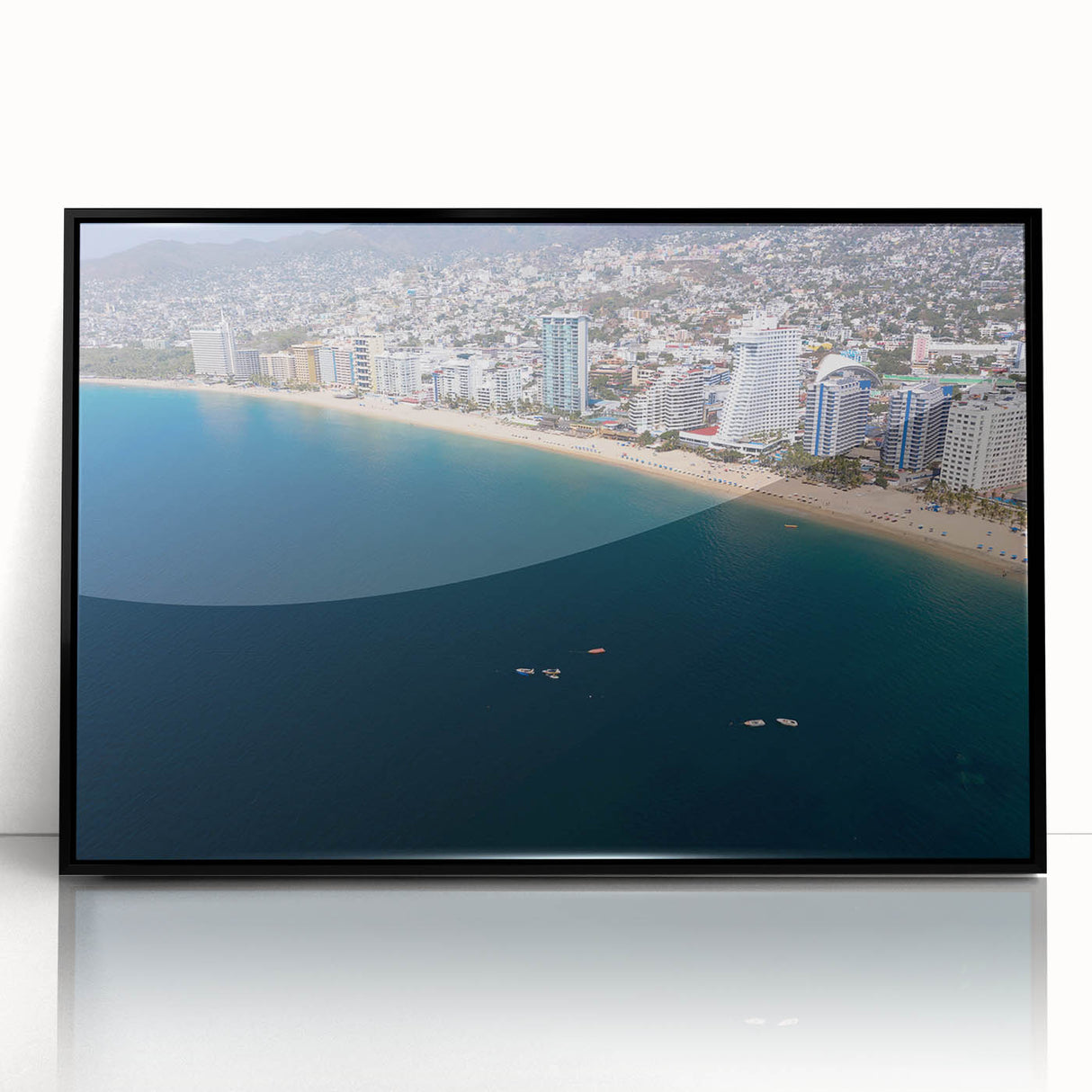 Large abstract wall art depicting a vibrant Acapulco scenery in mid-century modernist style, framed in black acrylic.