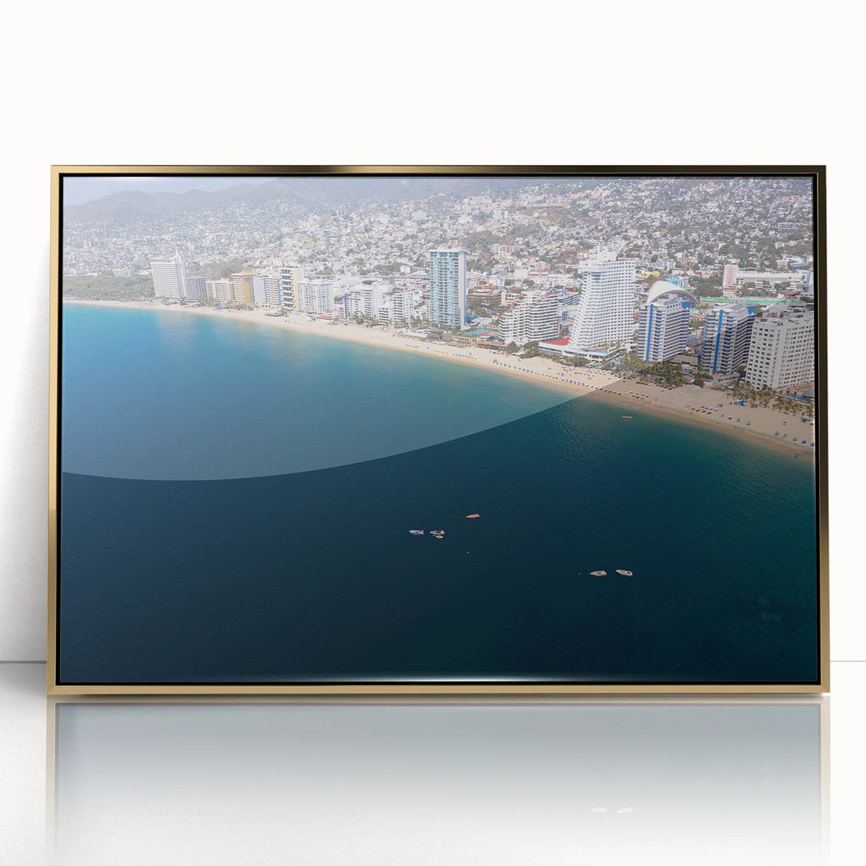 Framed acrylic print of Acapulco scenery in mid-century modernist style, featuring vibrant blue and green tones.