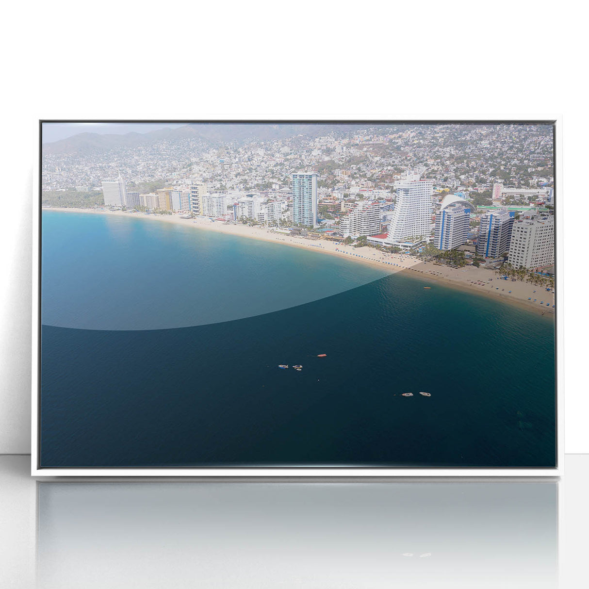 Art Deco style poster of Acapulco scenery in muted pastel colors on a white framed acrylic, ideal for modern art wall decor.