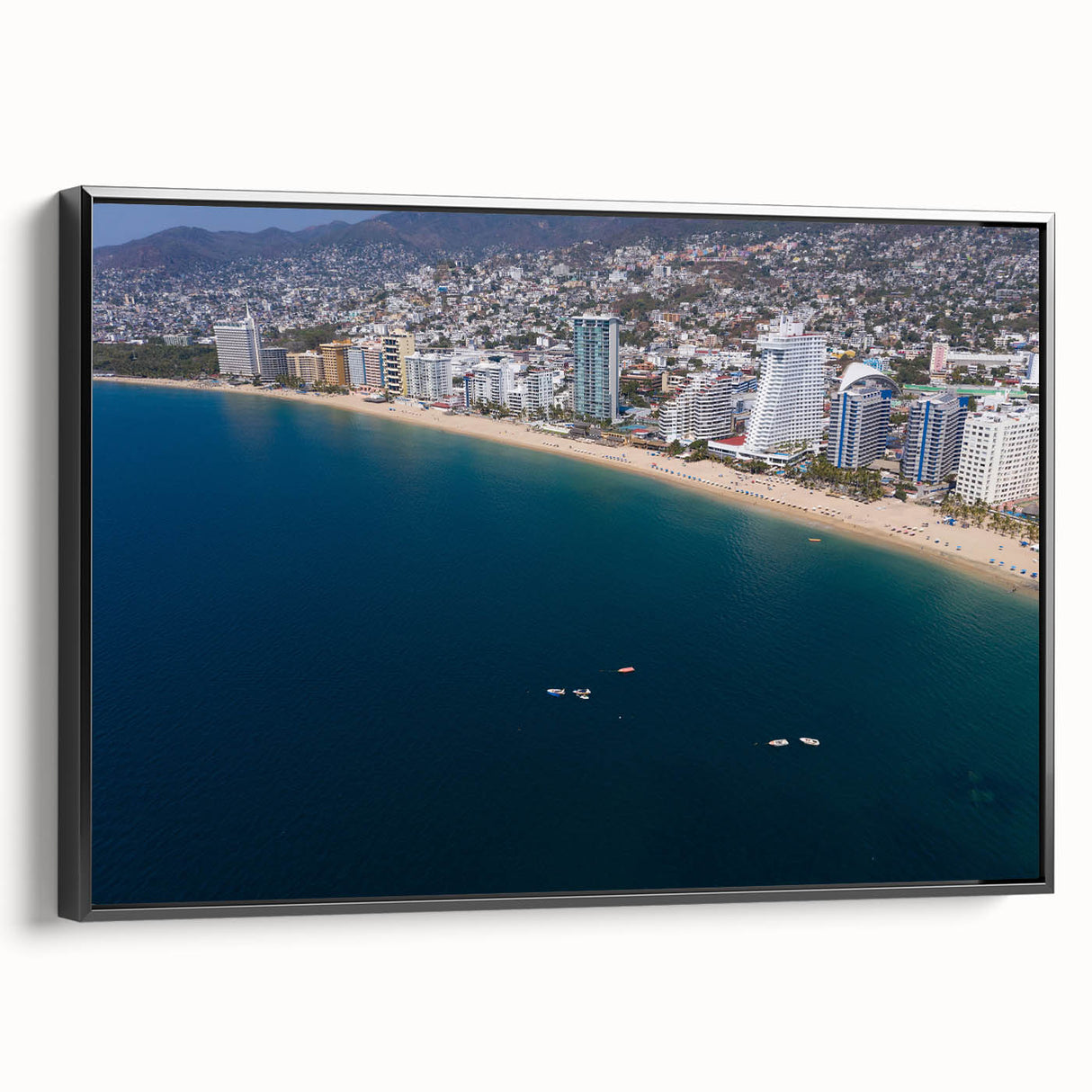 Black and white vintage poster art of Acapulco landscape on framed canvas, ideal for bedroom wall decor.