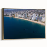 Framed canvas of vintage-style Acapulco landscape with black and gold tones, ideal for bedroom wall art.