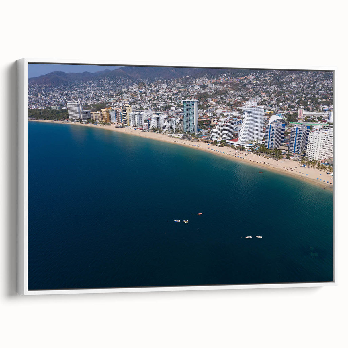 Vintage poster art of Acapulco scenery on a framed canvas, featuring vibrant colors, ideal for living room decor.