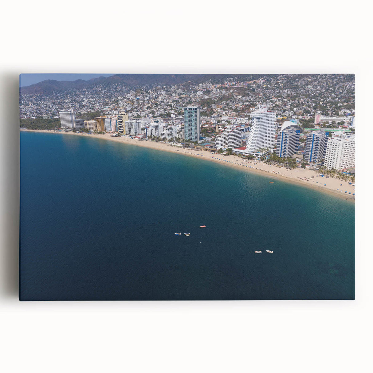 Black and white photograph of Acapulco's coastline on stretched canvas, ideal for kitchen wall art.