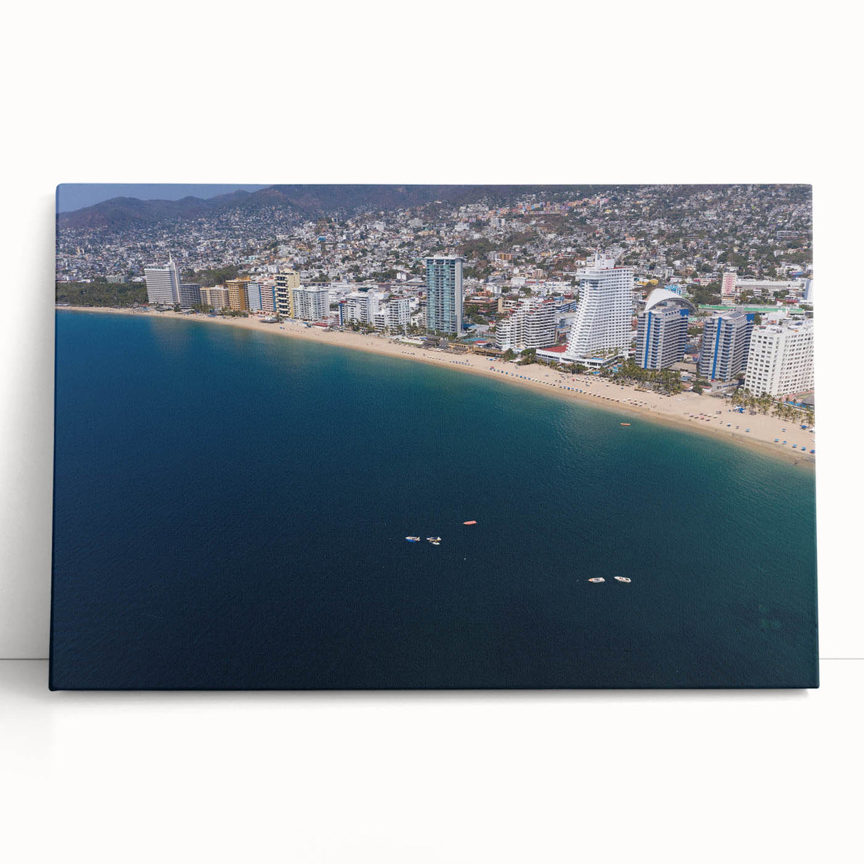 Black and white stretched canvas depicting the Acapulco coastline, ideal for kitchen wall art or bedroom decor.