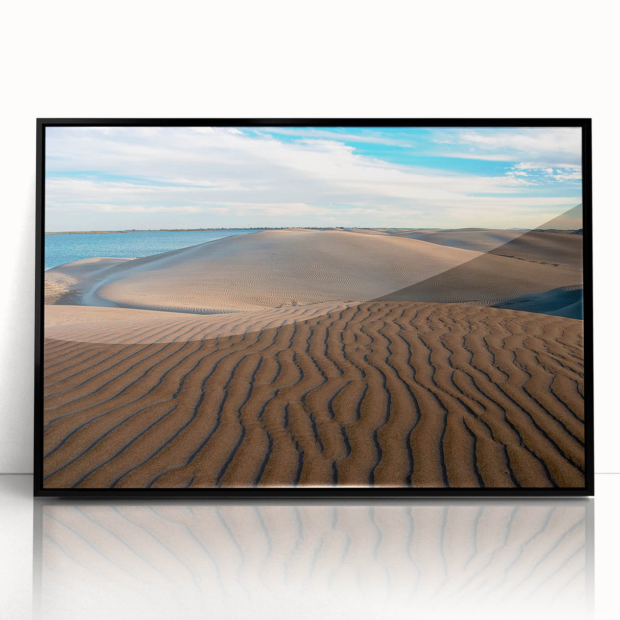 Large abstract wall art depicting Baja California scenery in muted earth tones on a framed acrylic.