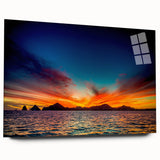 Large abstract wall art of Cabo San Lucas in muted blue and green tones on acrylic glass.