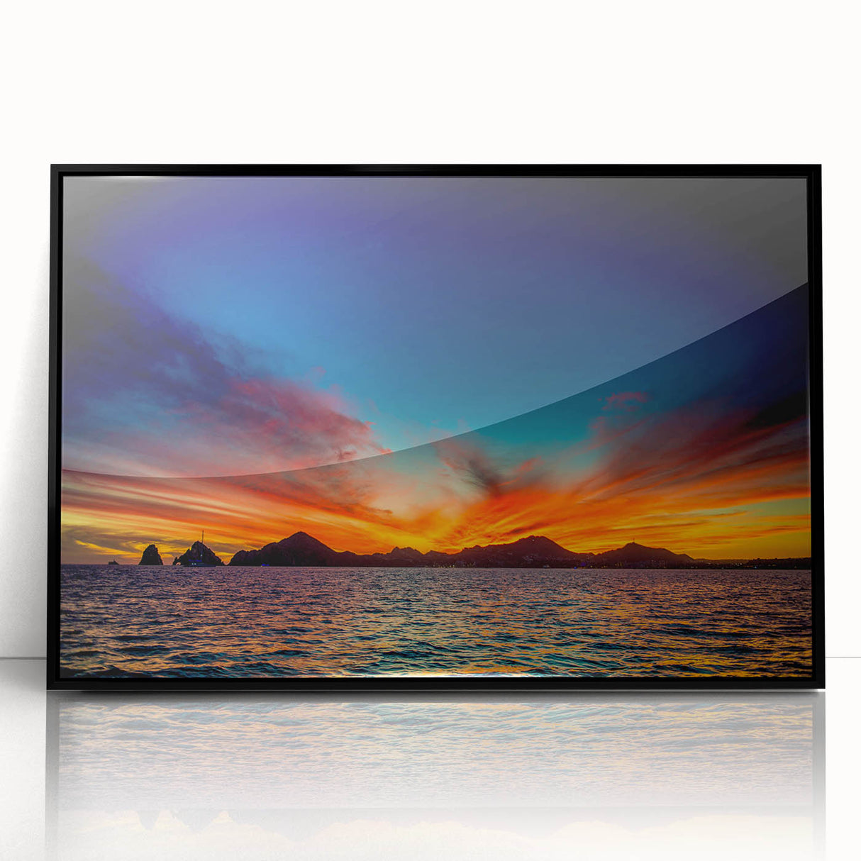 Large abstract wall art depicting the Cabo San Lucas scenery in muted earth tones on a framed acrylic.