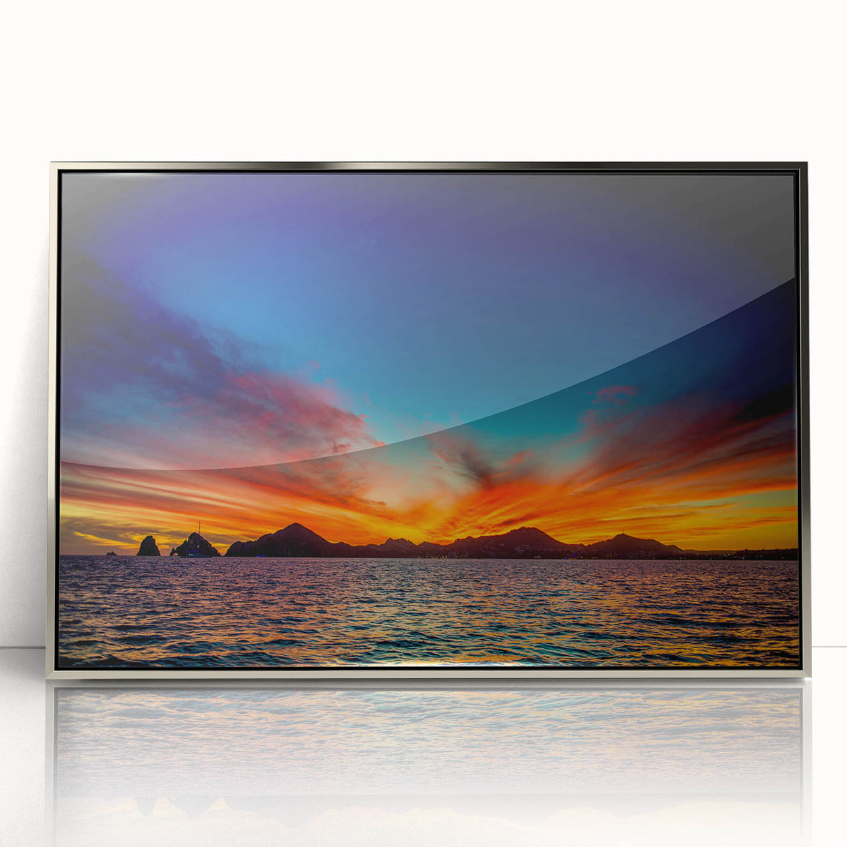 Mid-century modernist art depicting the Cabo San Lucas scenery in muted earth tones on a framed acrylic panel.