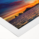 Art deco poster of Cabo San Lucas scenery on rolled canvas, featuring bold blue and white tones.