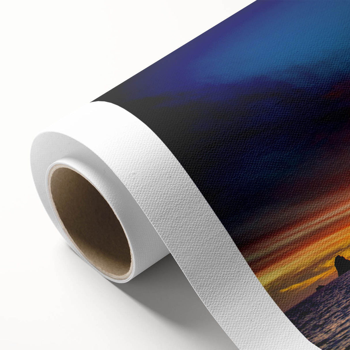 Art deco poster of Cabo San Lucas scenery on rolled canvas, featuring pastel blue and pink shades.