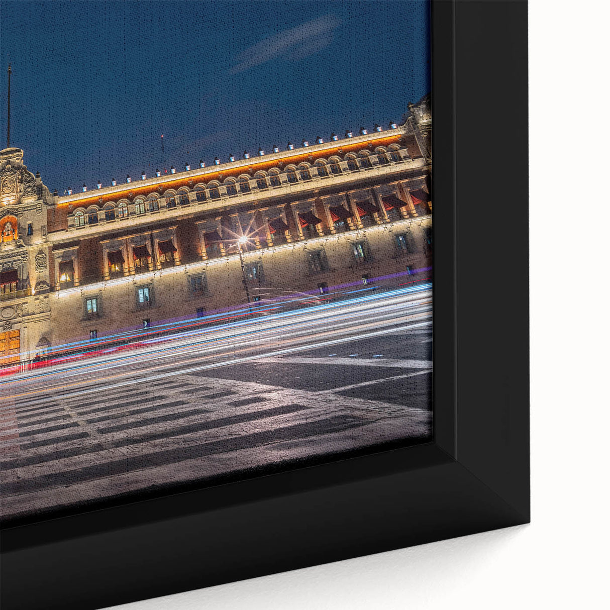 Extra large framed canvas featuring a textured depiction of Mexico City in black with vibrant, colorful accents.