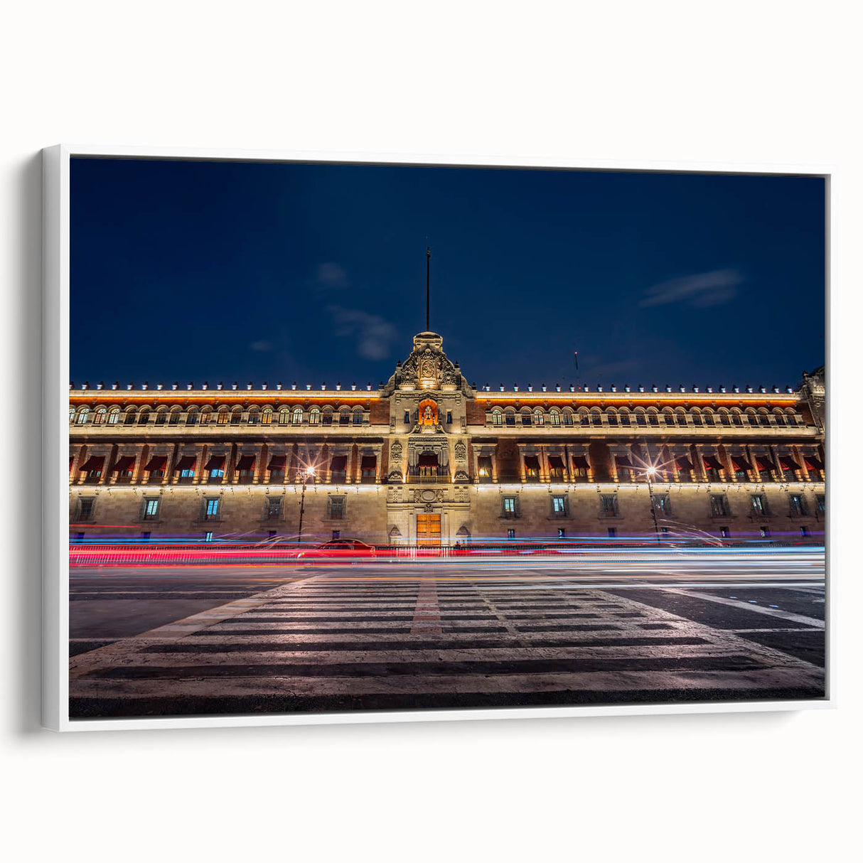 Vintage poster art of Mexico City in vibrant colors on a large framed canvas, ideal for living room decor.