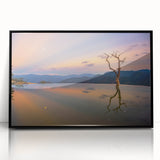 Large abstract wall art depicting a vibrant Oaxaca, Mexico scenery in mid-century modernist style, framed in black acrylic.