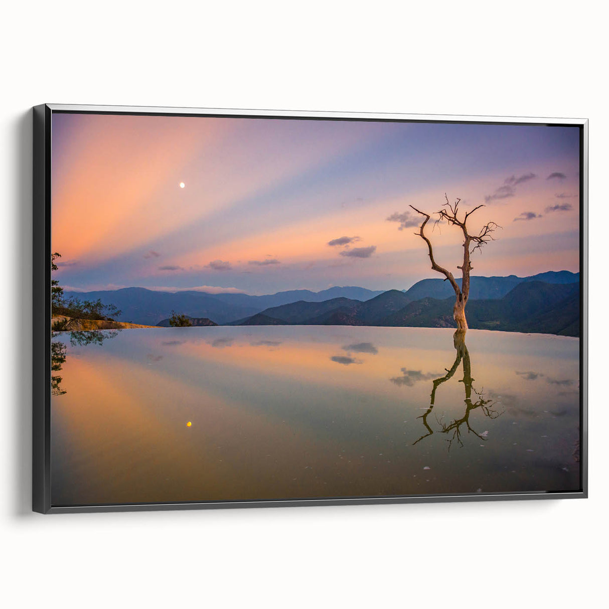 Black and white framed canvas of Oaxaca landscape in vintage poster style, ideal for bedroom decor.