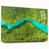 Large abstract wall art of Quintana Roo scenery on acrylic glass, in blue and green tones.