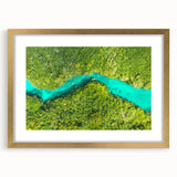 Extra large abstract art print of Quintana Roo scenery, featuring textured blues and greens on a gold-framed canvas.