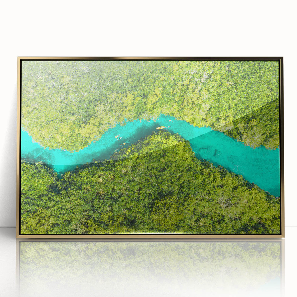Framed acrylic print of Quintana Roo scenery in gold tones, ideal for modern art wall decor.