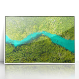 Art deco poster of Quintana Roo scenery in muted blue and white tones on framed acrylic, ideal for modern art wall decor.