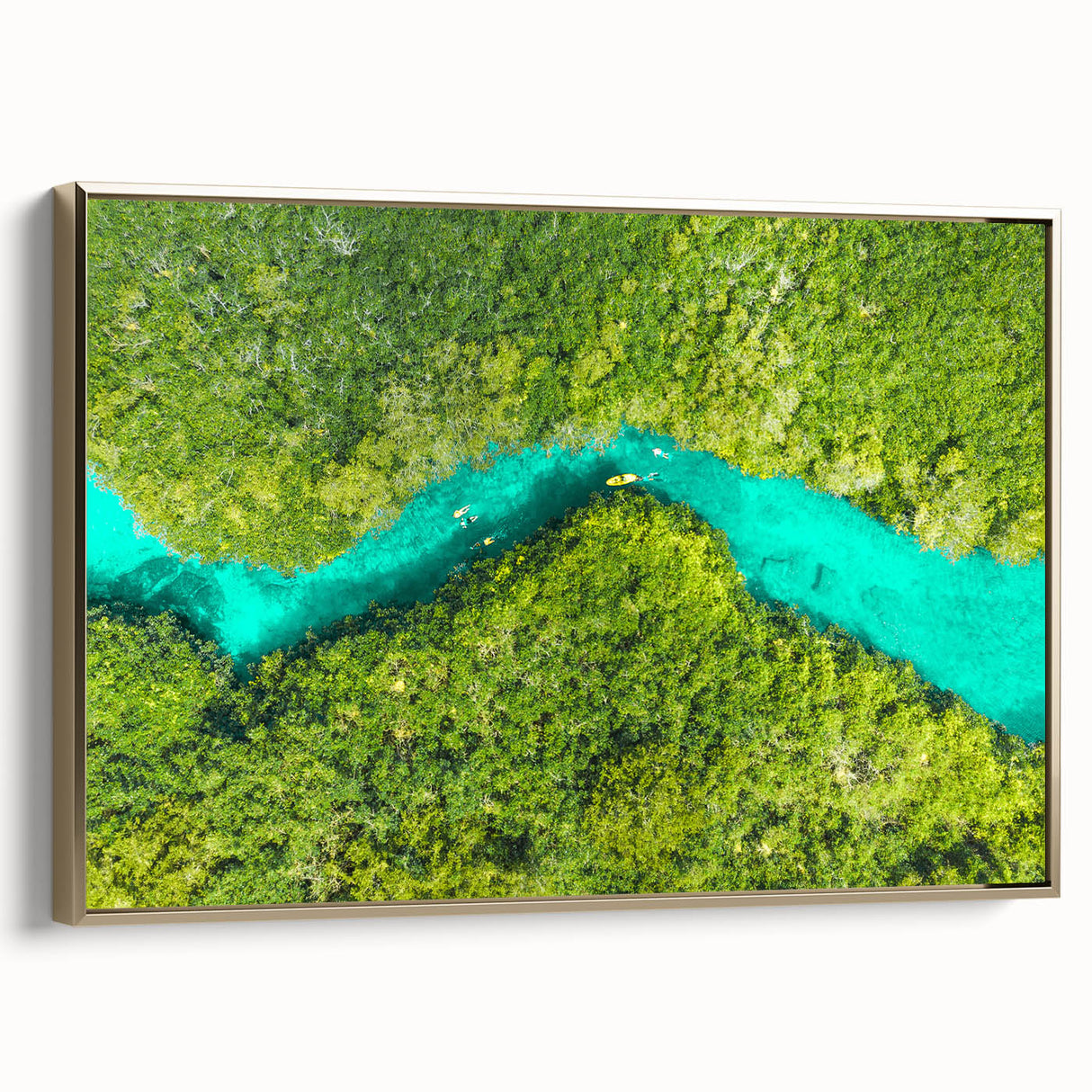 Framed canvas wall art featuring a vintage-style landscape of Quintana Roo, Mexico in muted gold and black tones.