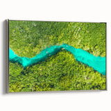 Framed canvas depicting a vintage-style landscape of Quintana Roo with vibrant colors and black accents.