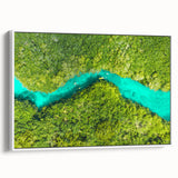 Vintage poster art of Quintana Roo scenery on framed canvas, featuring a vibrant color palette, ideal for living room decor.