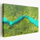 Large art of Quintana Roo scenery in muted green and blue tones on stretched canvas, ideal for kitchen wall art.