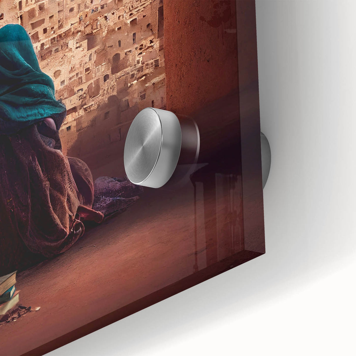 Large abstract wall art depicting a Middle Eastern scenery in muted earth tones on acrylic glass.