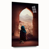 Large abstract wall art depicting a Middle Eastern scenery in muted earth tones on acrylic glass.