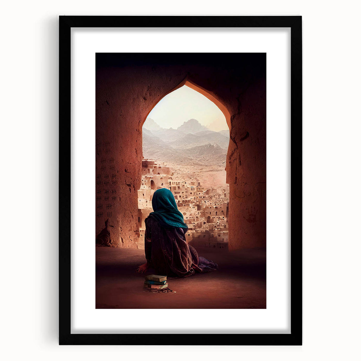 Extra large abstract art print featuring textured, colorful art of a Middle Eastern landscape on a framed canvas.