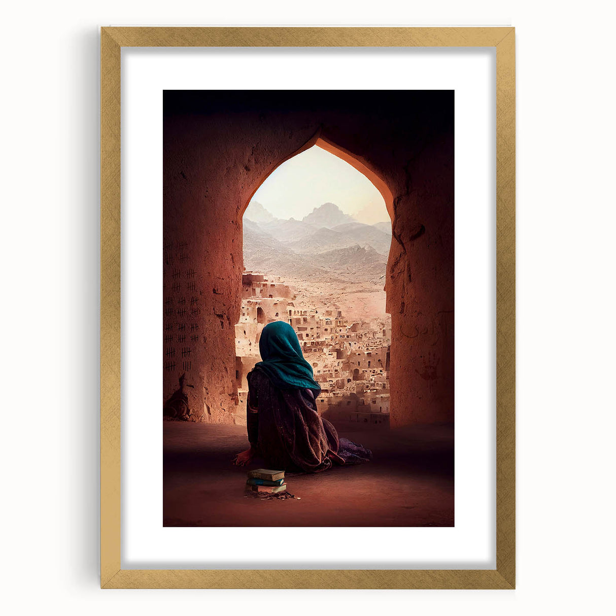 Extra large wall art featuring abstract scenery of Afghanistan in textured gold tones on a framed canvas.