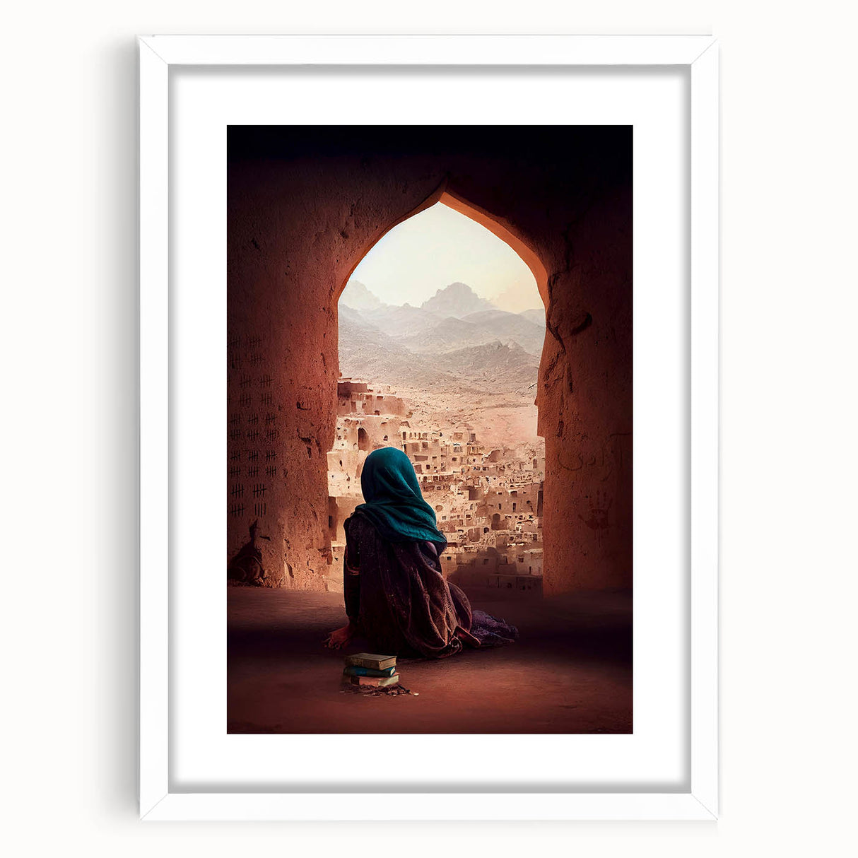 Abstract art print depicting a Middle Eastern scenery in muted earth tones, framed in white, ideal for dining room decor.