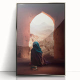 Mid-century modernist acrylic print of an Afghan landscape in muted earth tones, framed in silver.