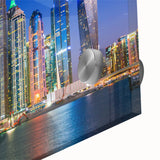 Large abstract depiction of Dubai skyline in muted earth tones on acrylic glass, suitable for dining room art.