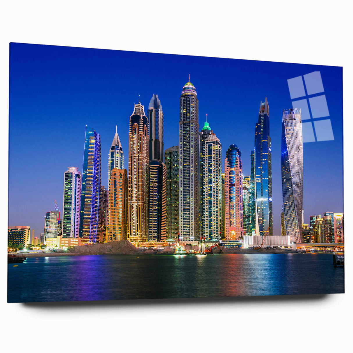 Large abstract wall art of Dubai skyline in muted gray and blue tones on acrylic glass.