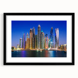 Abstract art print of Dubai skyline in vibrant colors on a textured, extra large canvas, ideal for living room decor.