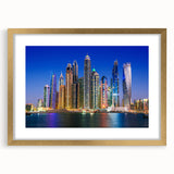 Extra large abstract art print of Dubai skyline in gold frame, featuring textured design; ideal for living room decor.