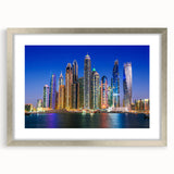 Textured abstract art print of Dubai skyline in muted silver and gray tones on a framed canvas, ideal for bedroom wall decor.