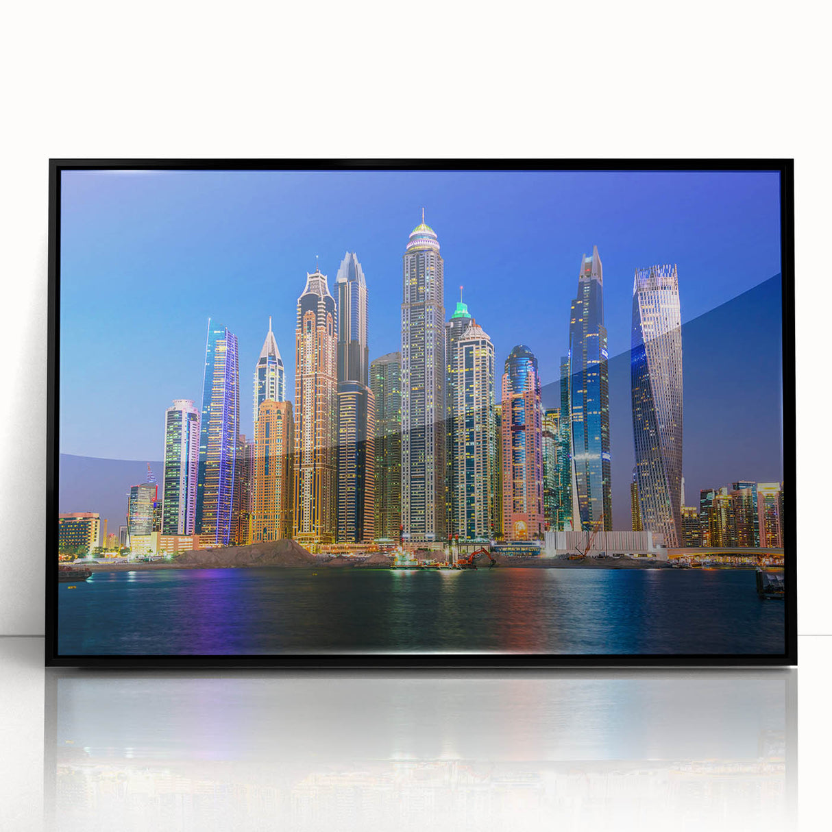 Large abstract wall art depicting the Dubai skyline in muted gray tones on a framed acrylic.