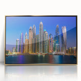 Mid-century modernist acrylic print of Dubai skyline in gold and blue tones, ideal for modern art wall decor.