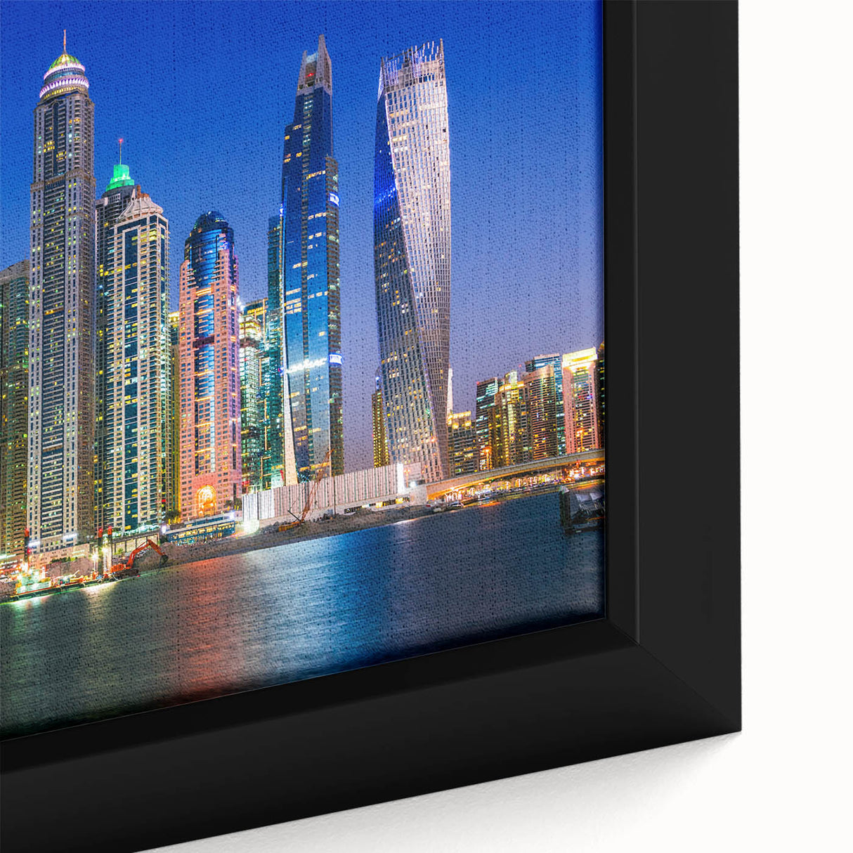 Extra large framed canvas featuring a textured depiction of Dubai's skyline in black with colorful accents.