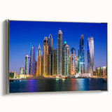 Framed canvas featuring a vintage-style landscape painting of Dubai with a black and colorful art palette.