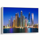 Vintage poster art of Dubai skyline in vibrant colors on a large framed canvas, suitable for living room decor.