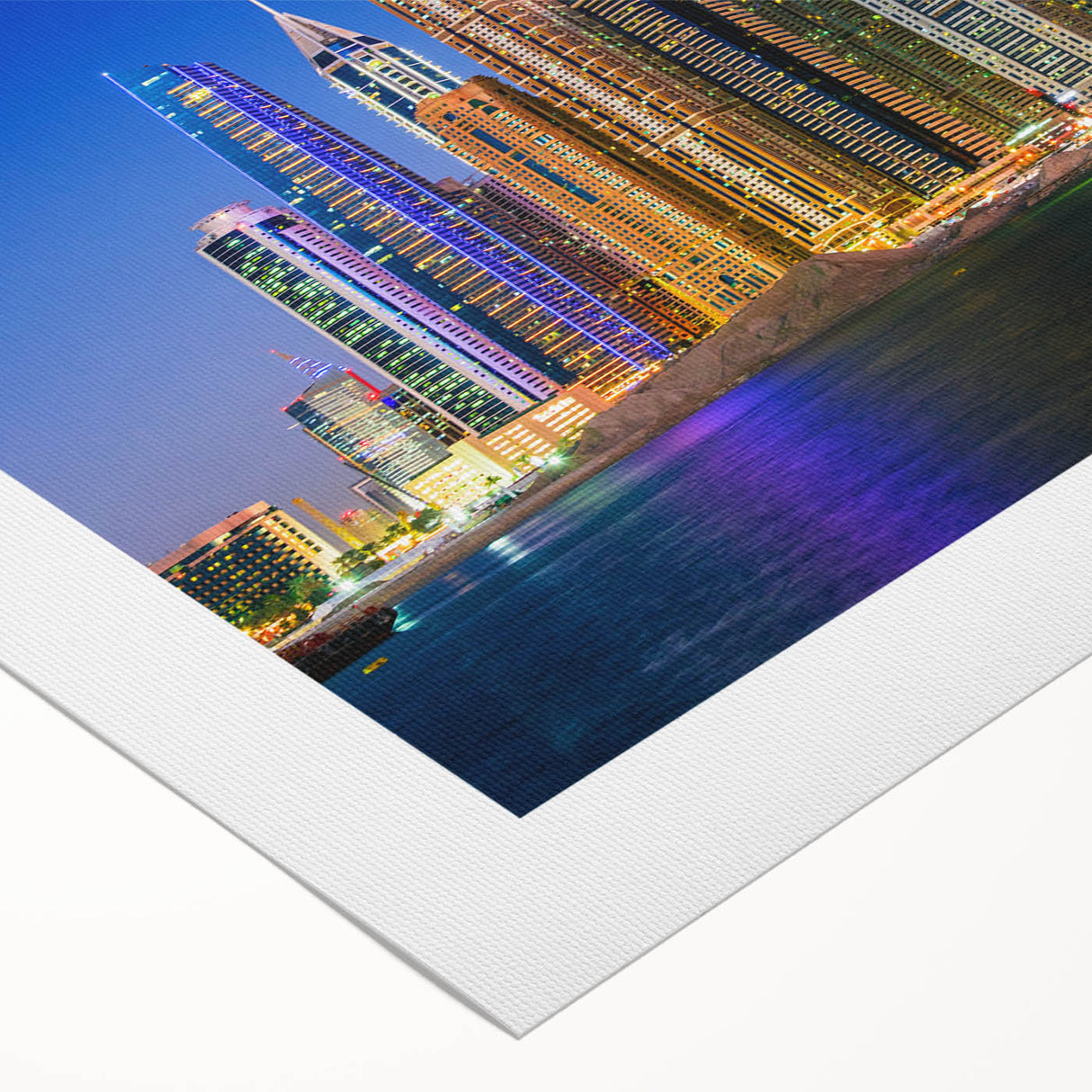 Art deco poster of Dubai skyline in muted gold and blue tones on rolled canvas, ideal for dining room wall art.