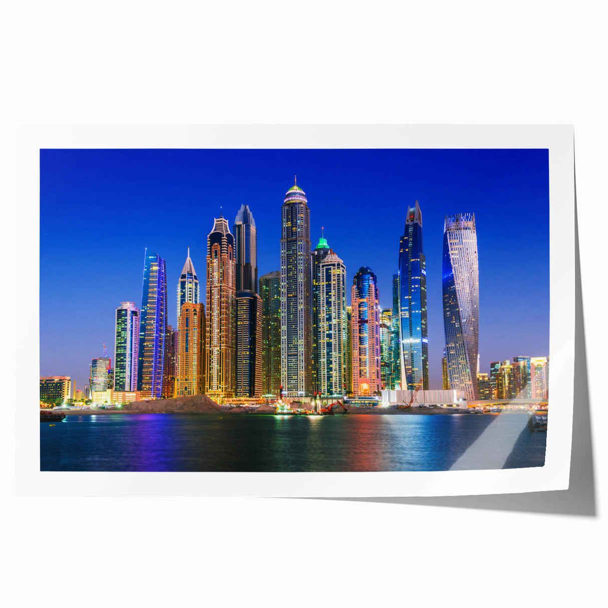 Rolled print of Dubai skyline featuring muted gold and blue tones, suitable for art wall dining room.