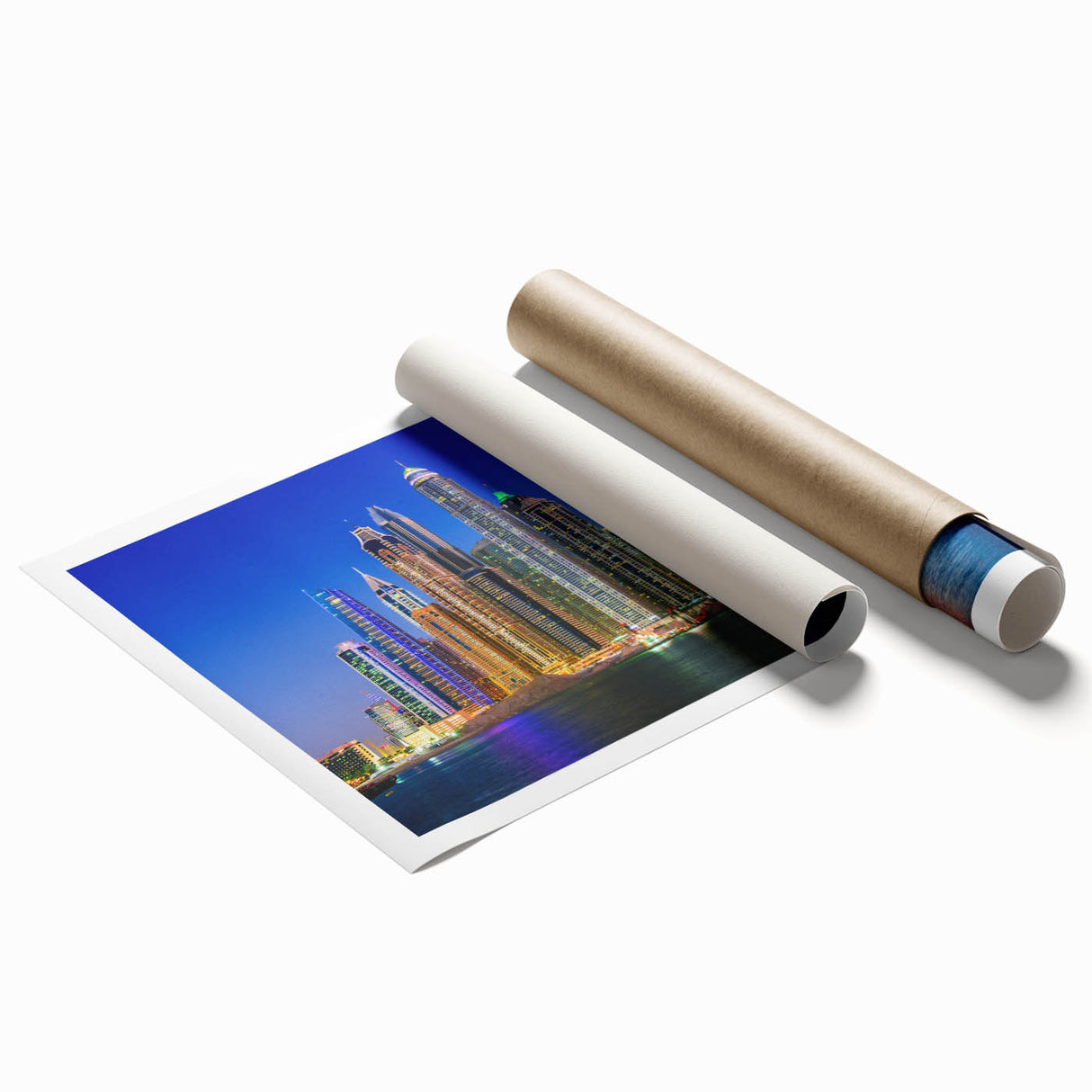 Extra large rolled print of Dubai skyline in muted earth tones, ideal for classy bathroom wall art.