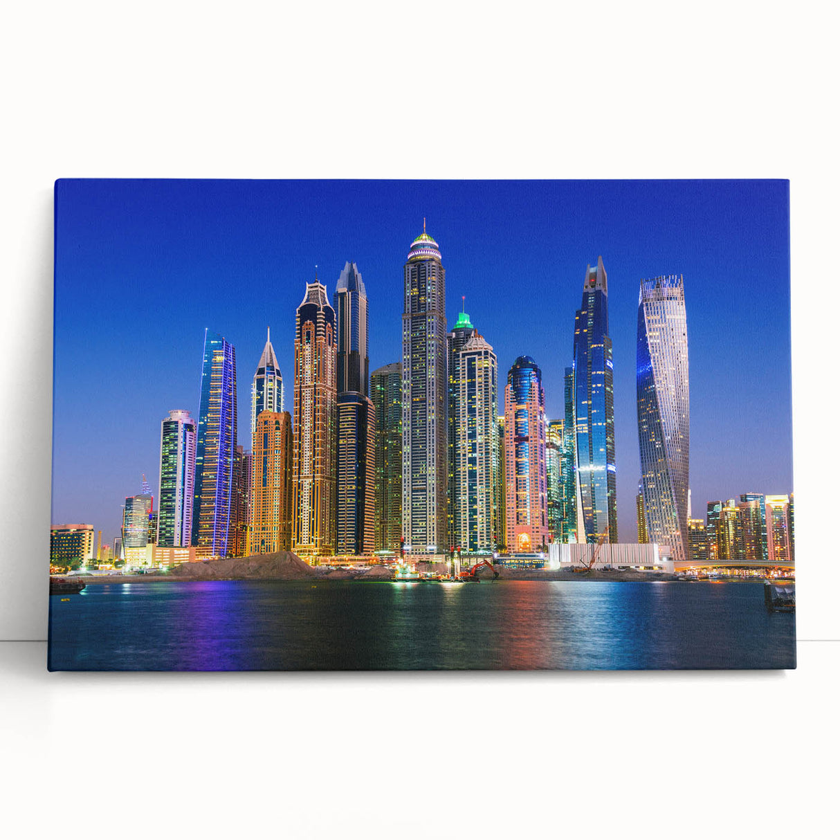 Black and white stretched canvas of Dubai skyline, ideal for kitchen wall art or bedroom ambiance.