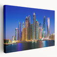 Panoramic view of Dubai skyline in muted earth tones on a large stretched canvas, suitable for kitchen wall art.